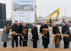 Mit einem symbolischen Spatenstich starten Ingolstadts Stadtbaurätin Renate Presslein-Lehle, Leiter des Audi-Werks Ingolstadt Albert Mayer, Audi-Gesamtbetriebsratsvorsitzende Peter Mosch, Ingolstadts Oberbürgermeister Dr. Christian Lösel, Innenminister Joachim Herrmann, Audi-Vorstand für Produktion und Logistik Peter Köster und Klaus-Dieter Josel von der Deutschen Bahn AG (v.l.n.r.) die Bauarbeiten zum neuen Bahnhalt "Ingolstadt Audi". Rund 15 Millionen Euro werden in die neue Station vom Freistaat Bayern, der Stadt Ingolstadt, der AUDI AG und der Deutschen Bahn investiert.