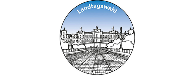 Logo Landtagswahl mit Schriftzug "Landtagswahl" und Gebäude des Bayerischen Landtags